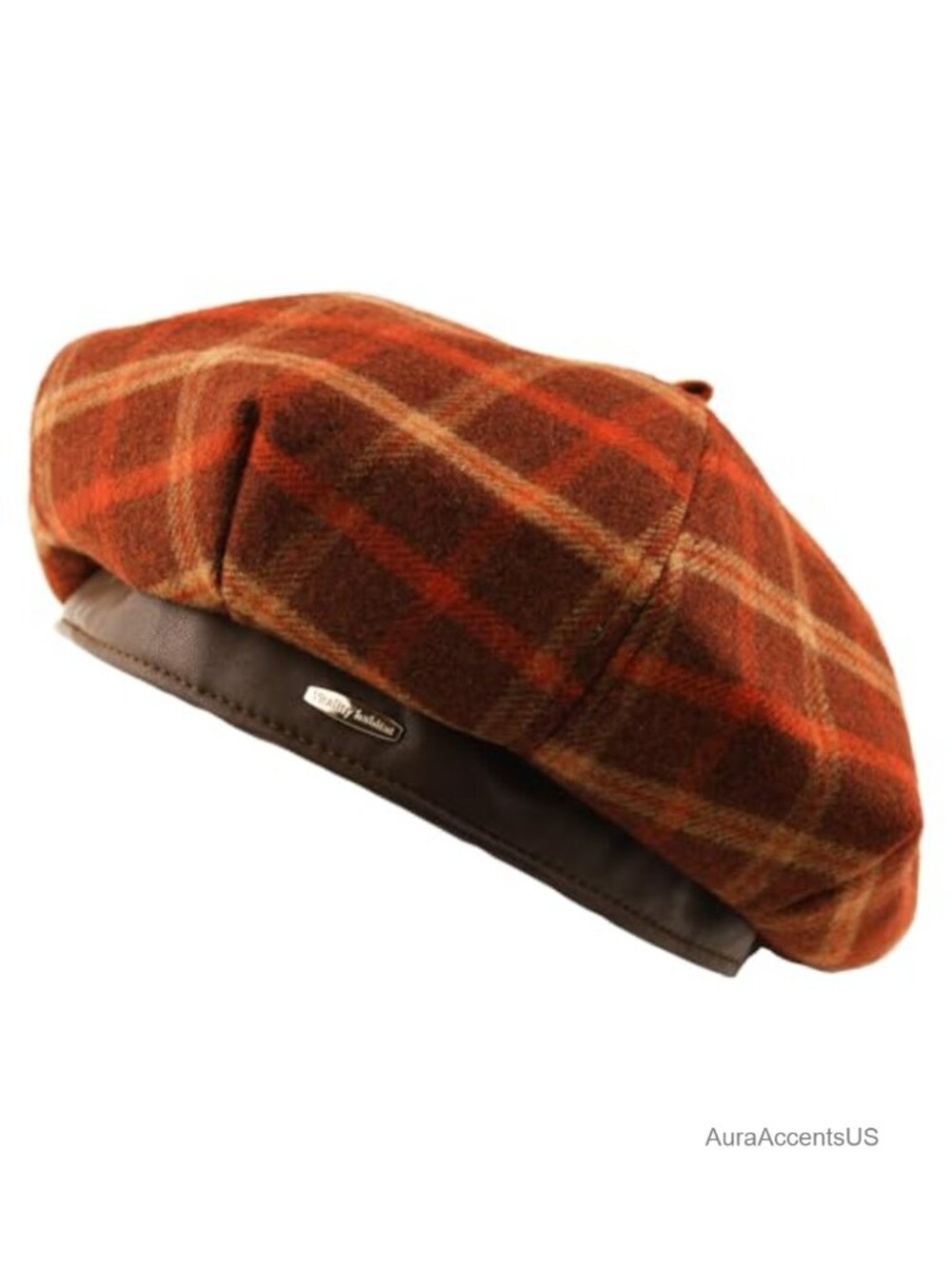 Women's Wool Blend French Plaid Beret with Leather Band